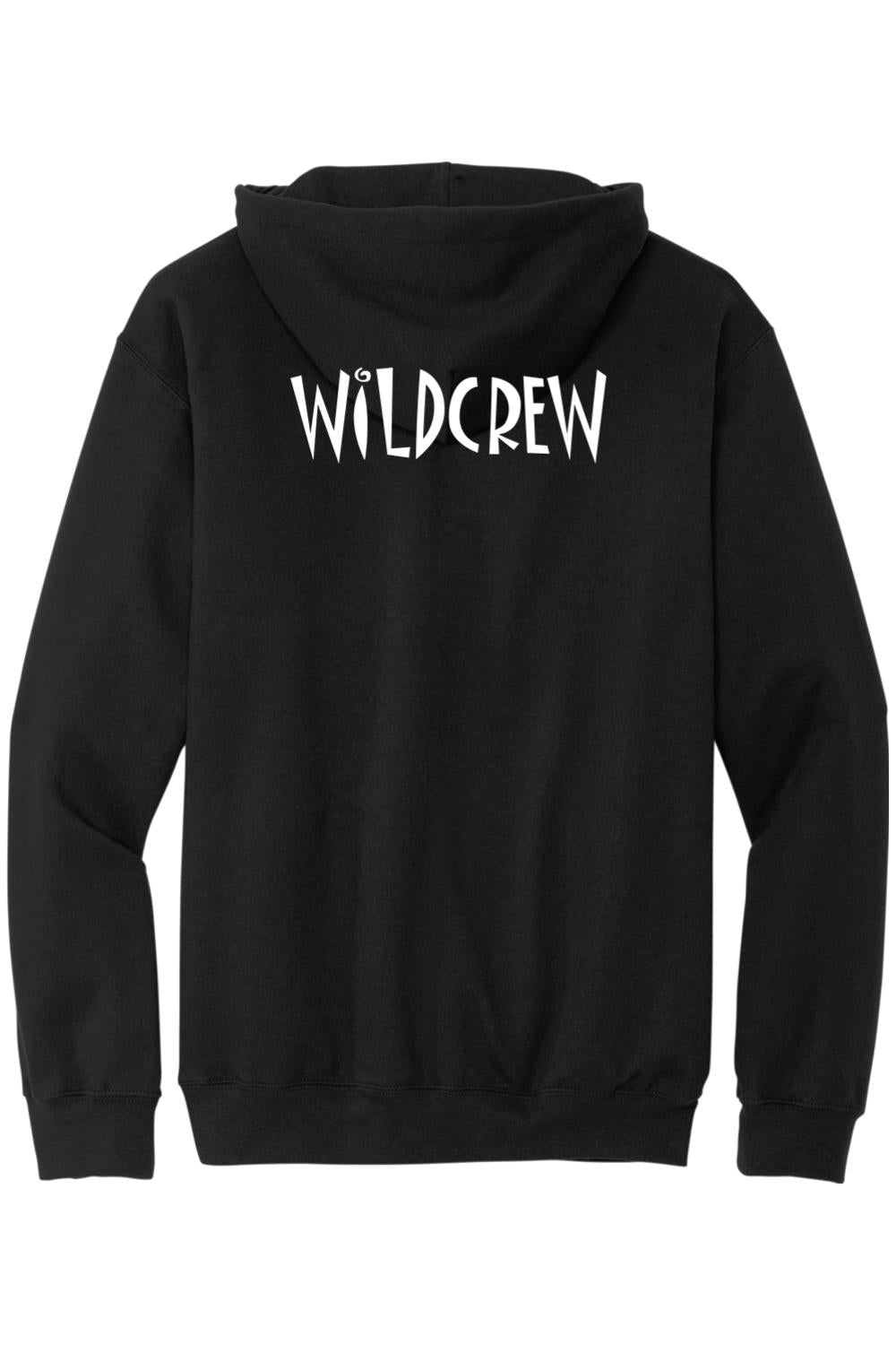 Black midweight zip-up hoodie featuring white Wildcrew text on the back, crafted from soft cotton-blend fabric.