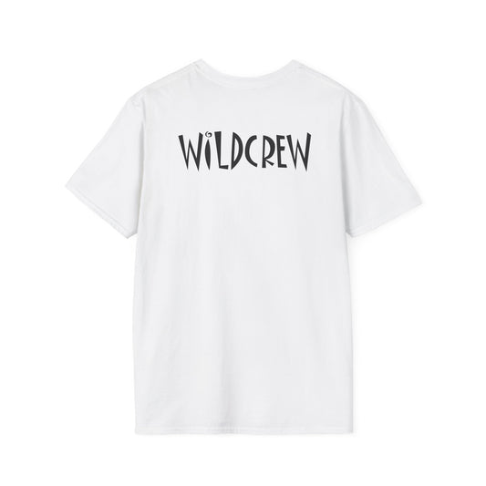 White short-sleeve cotton T-shirt featuring the black text WILDCREW printed on the back.