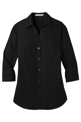 Black women's 3/4-sleeve poplin shirt with an open collar, button-down front, and tailored fit.