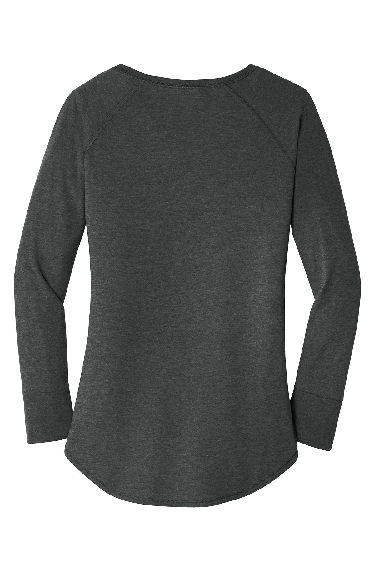 Dark grey long sleeve tunic tee with a curved hem, rib knit cuffs, and soft tri-blend fabric.