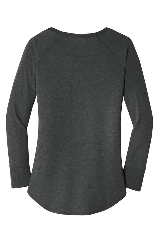 Dark grey long sleeve tunic tee with a curved hem, rib knit cuffs, and soft tri-blend fabric.