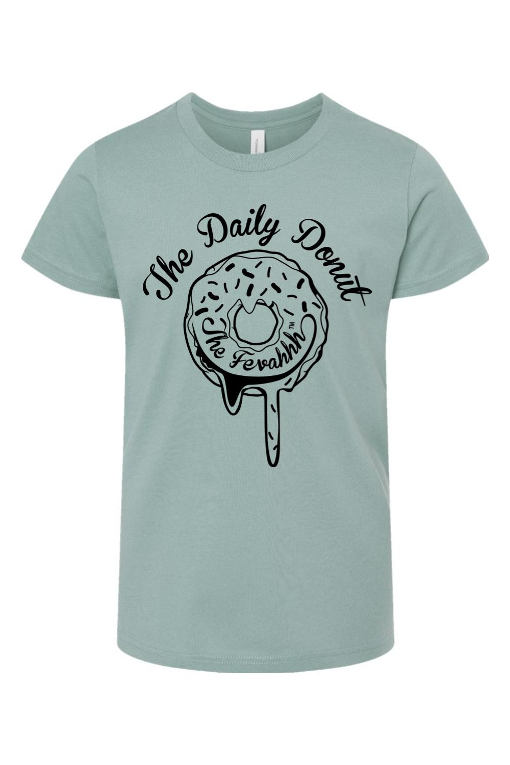 Soft sage green youth cotton t-shirt featuring a black graphic of a dripping donut with The Daily Donut text.