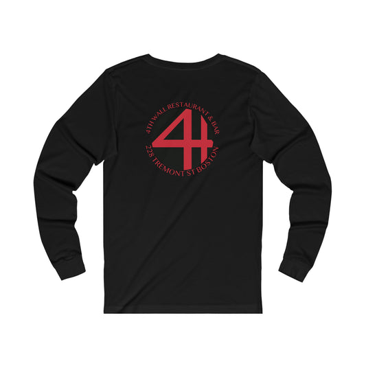 Black long-sleeve cotton jersey tee featuring a red 4th Wall Restaurant & Bar logo on the back.