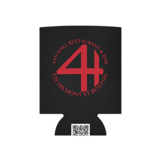Black foam can cooler featuring a red 4th Wall Restaurant & Bar logo and a QR code at the base.