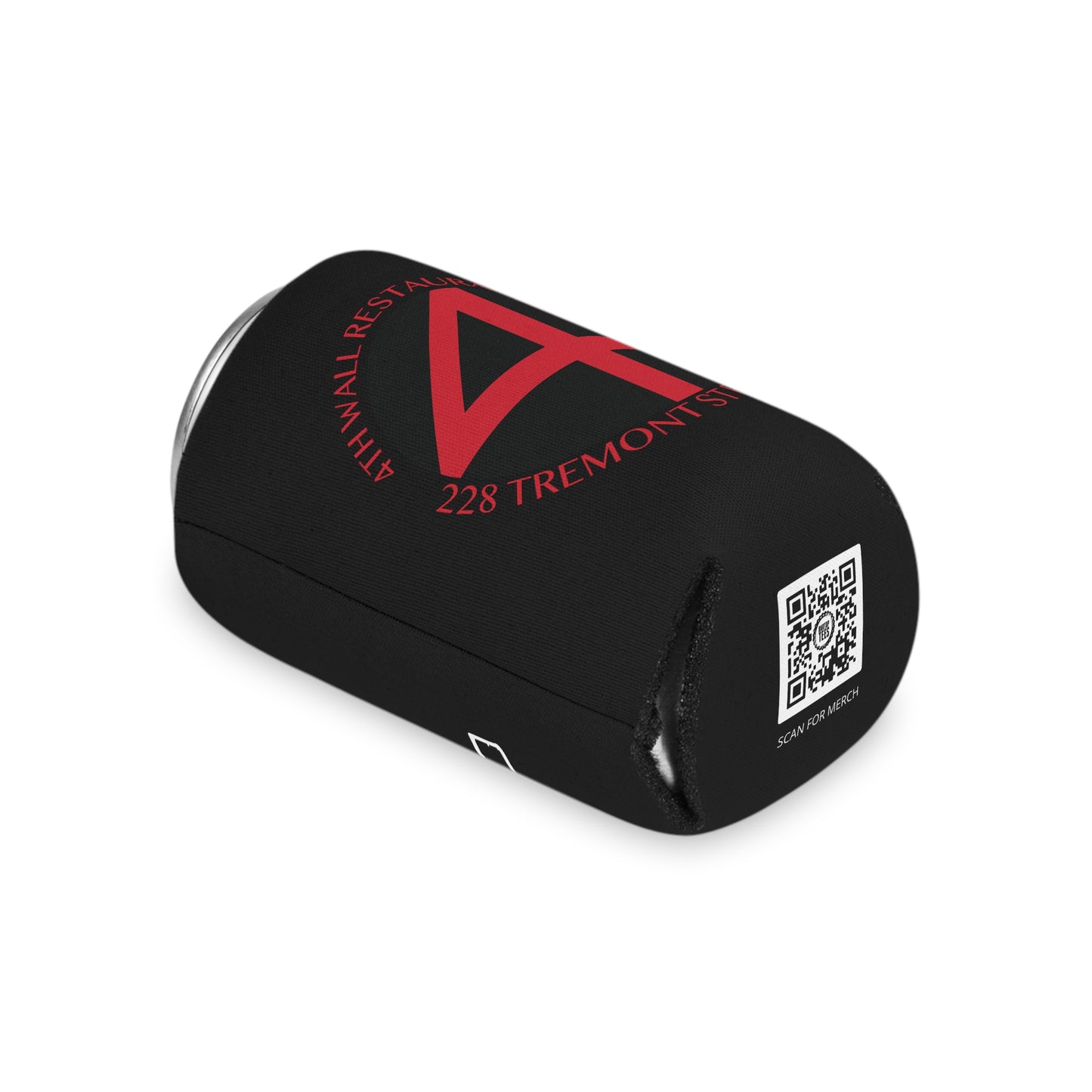 Black foam can cooler featuring a red 4th Wall logo, Tremont Street text, and a QR code for merchandise.