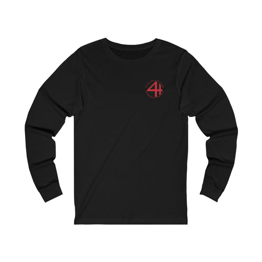 Black long-sleeve cotton jersey tee featuring a red 4th Wall Restaurant & Bar logo on the left chest.