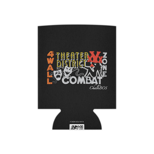 Black foam can cooler featuring a 4th Wall Theater District graphic with theater masks and red text on a white background.