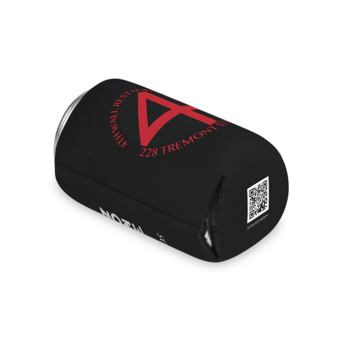 Black foam can cooler featuring a red 4th Wall Theater District logo and a QR code for merchandise.