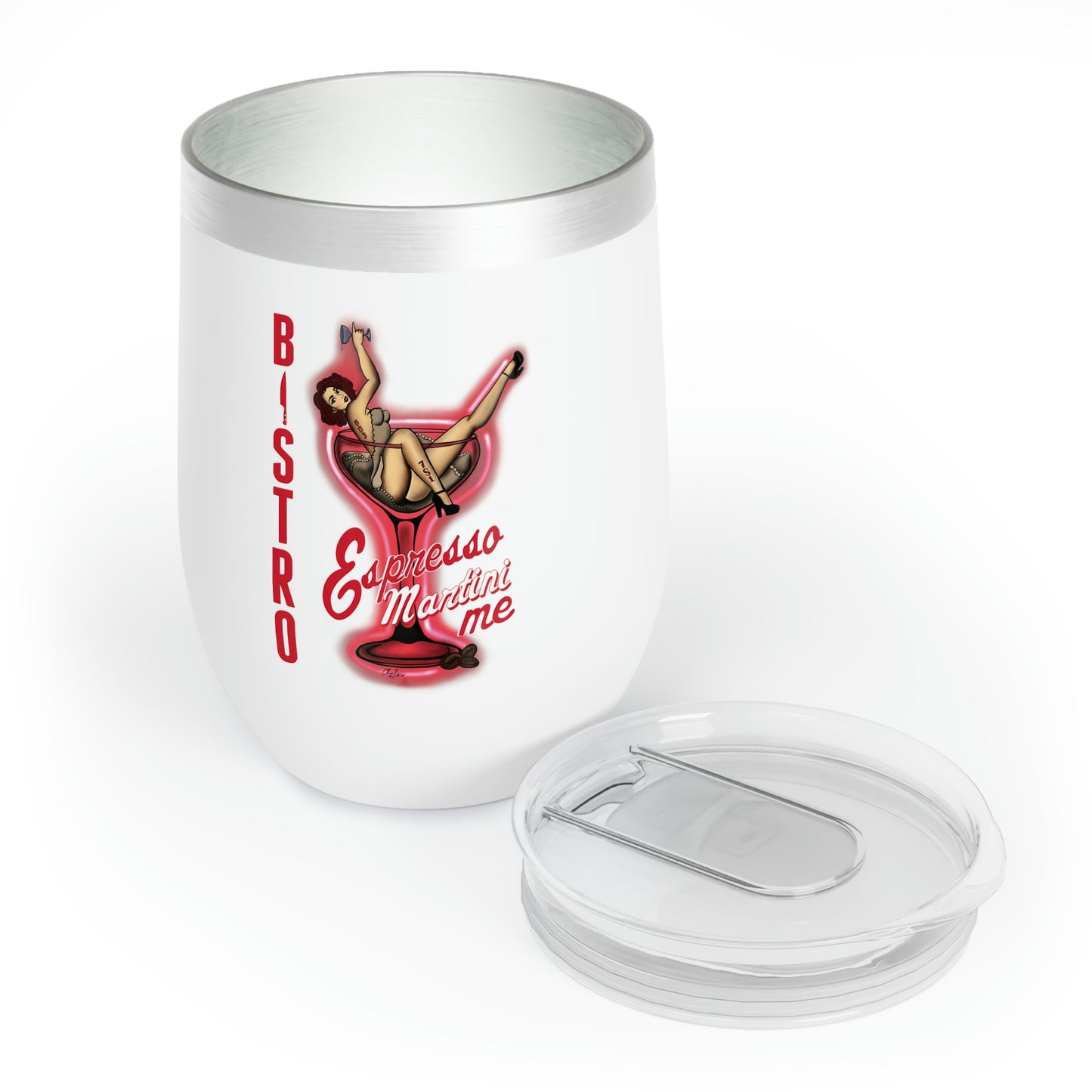 White 12oz stainless steel stemless wine tumbler with Bistro Espresso Martini pin-up graphic and clear sliding lid.