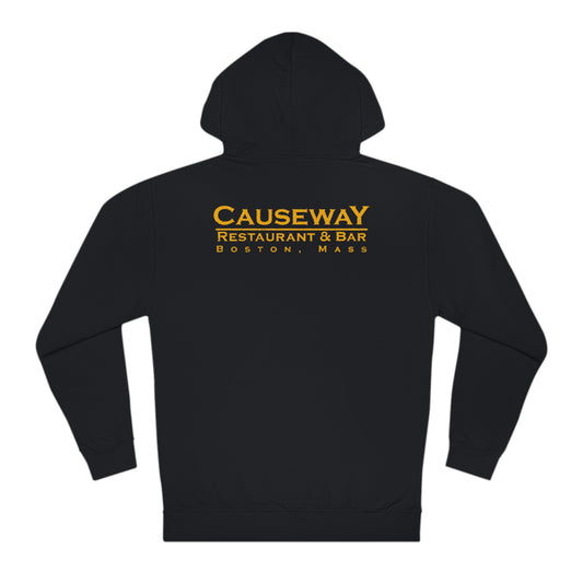 Black cotton-blend hooded sweatshirt featuring Causeway Restaurant & Bar Boston logo in gold on the back.