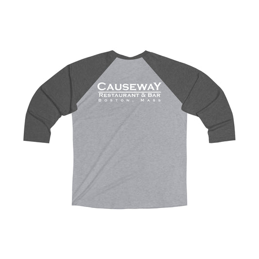 Grey and charcoal tri-blend baseball tee with three-quarter sleeves and Causeway Restaurant Boston logo print.