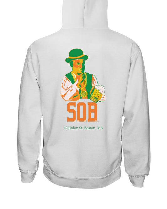 White unisex hoodie featuring a back graphic of Paul Revere with a beer, green hat, and Sons of Boston branding.
