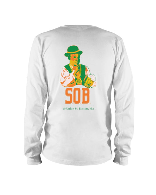 White long-sleeve cotton t-shirt featuring a St. Patrick's Day Paul Revere graphic with a beer on the back.
