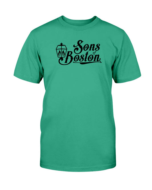 Green cotton crewneck t-shirt featuring a black Sons of Boston lantern graphic on the chest.