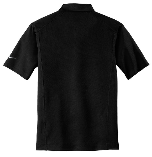 Back view of a black Nike Dri-FIT polo shirt featuring shoulder panels and an embroidered Swoosh on the left sleeve.