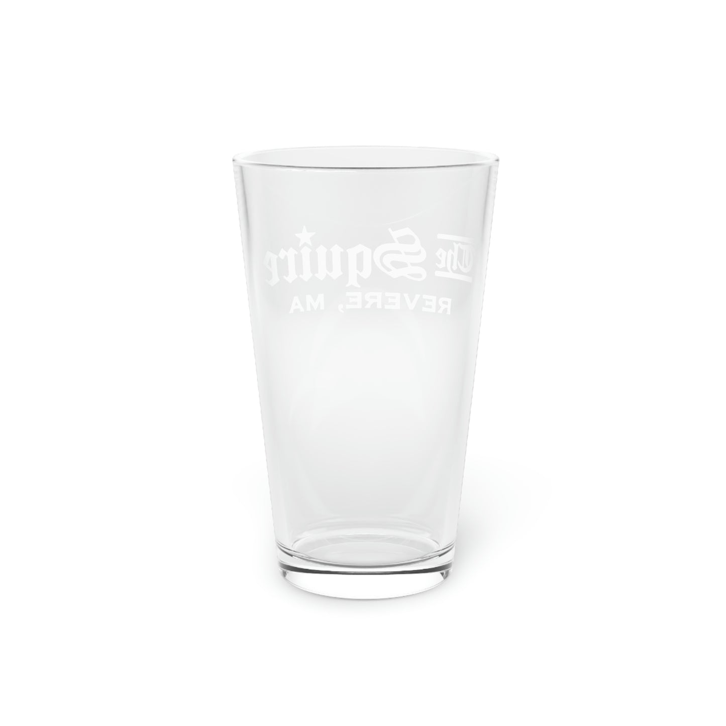Clear 16oz glass pint glass featuring a white The Squire logo design against a clean white background.