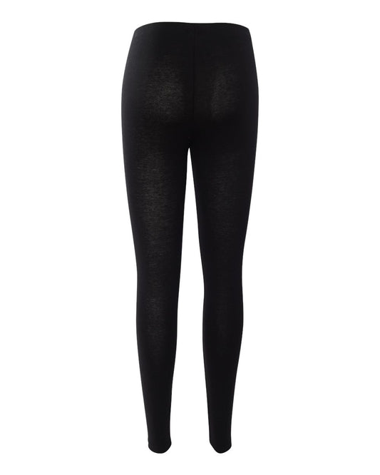 Back view of black form-fitting cotton-spandex leggings with a tunneled elastic waistband.