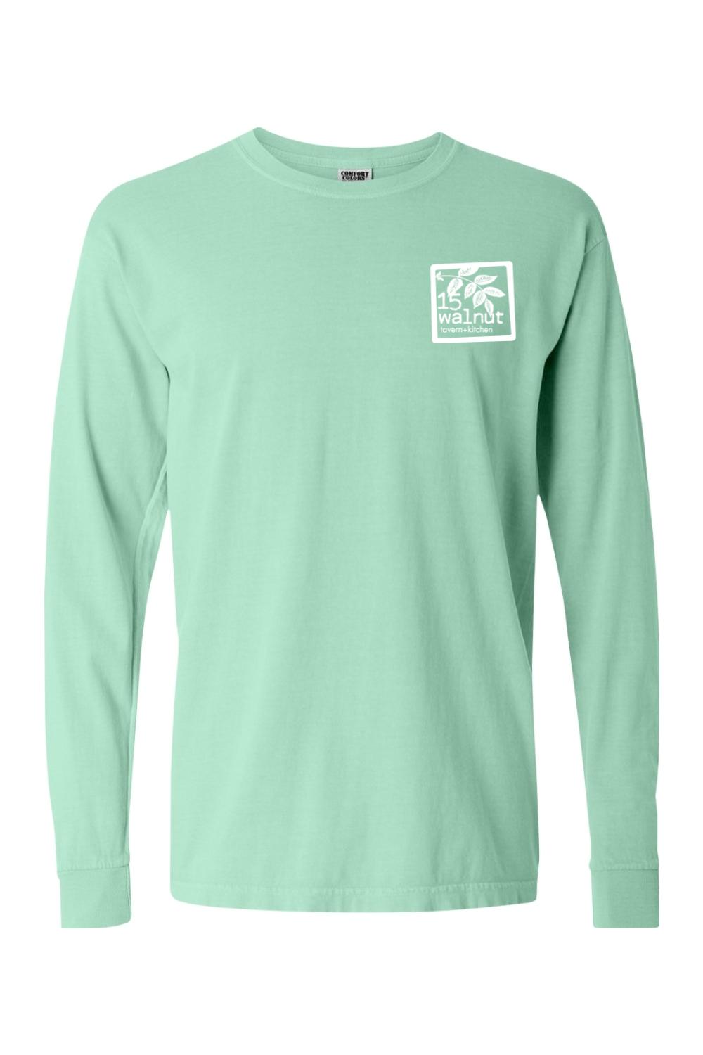 Mint green Comfort Colors long sleeve t-shirt with a white 15 Walnut Tavern + Kitchen logo on the chest.