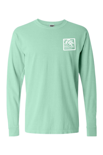 Mint green Comfort Colors long sleeve t-shirt with a white 15 Walnut Tavern + Kitchen logo on the chest.