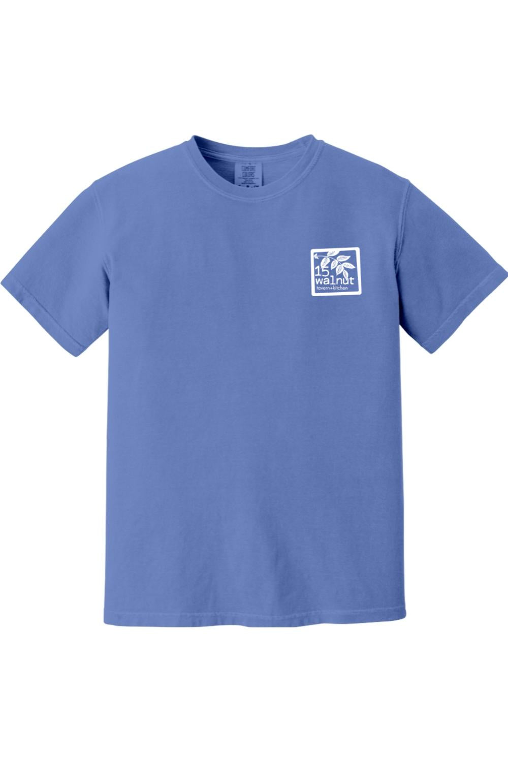 Blue Comfort Colors crewneck t-shirt featuring a white 15 Walnut Tavern + Kitchen logo on the left chest.