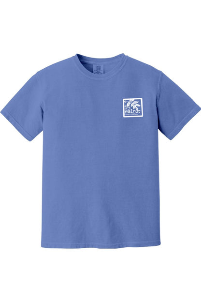 Blue Comfort Colors crewneck t-shirt featuring a white 15 Walnut Tavern + Kitchen logo on the left chest.