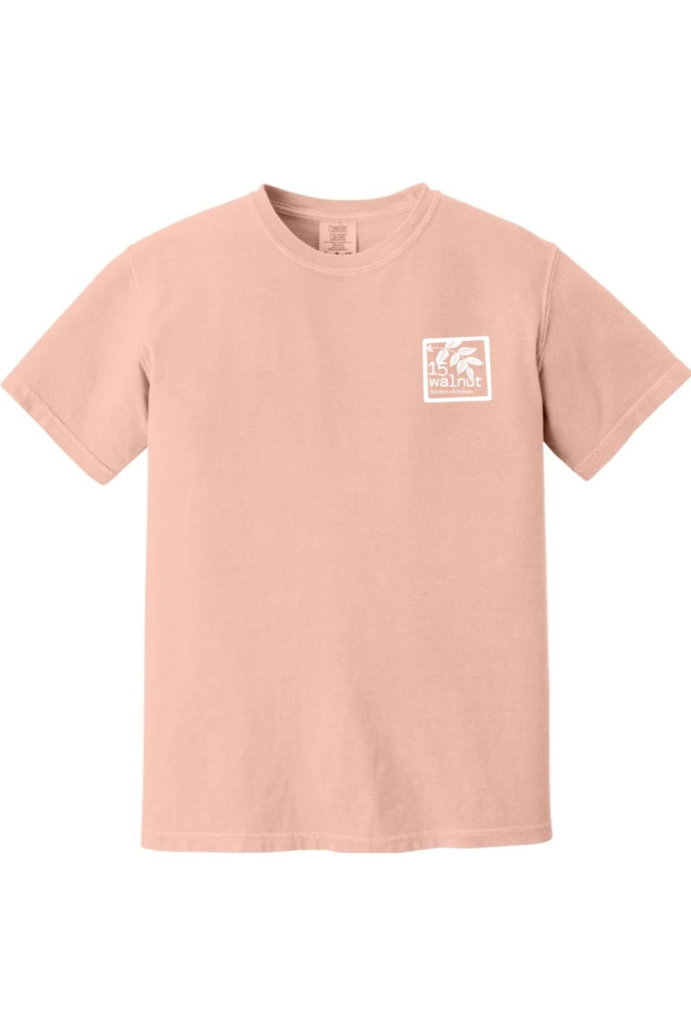 Walnut Comfort Colors unisex t-shirt in soft peach with a white 15 Walnut tavern and kitchen chest logo.