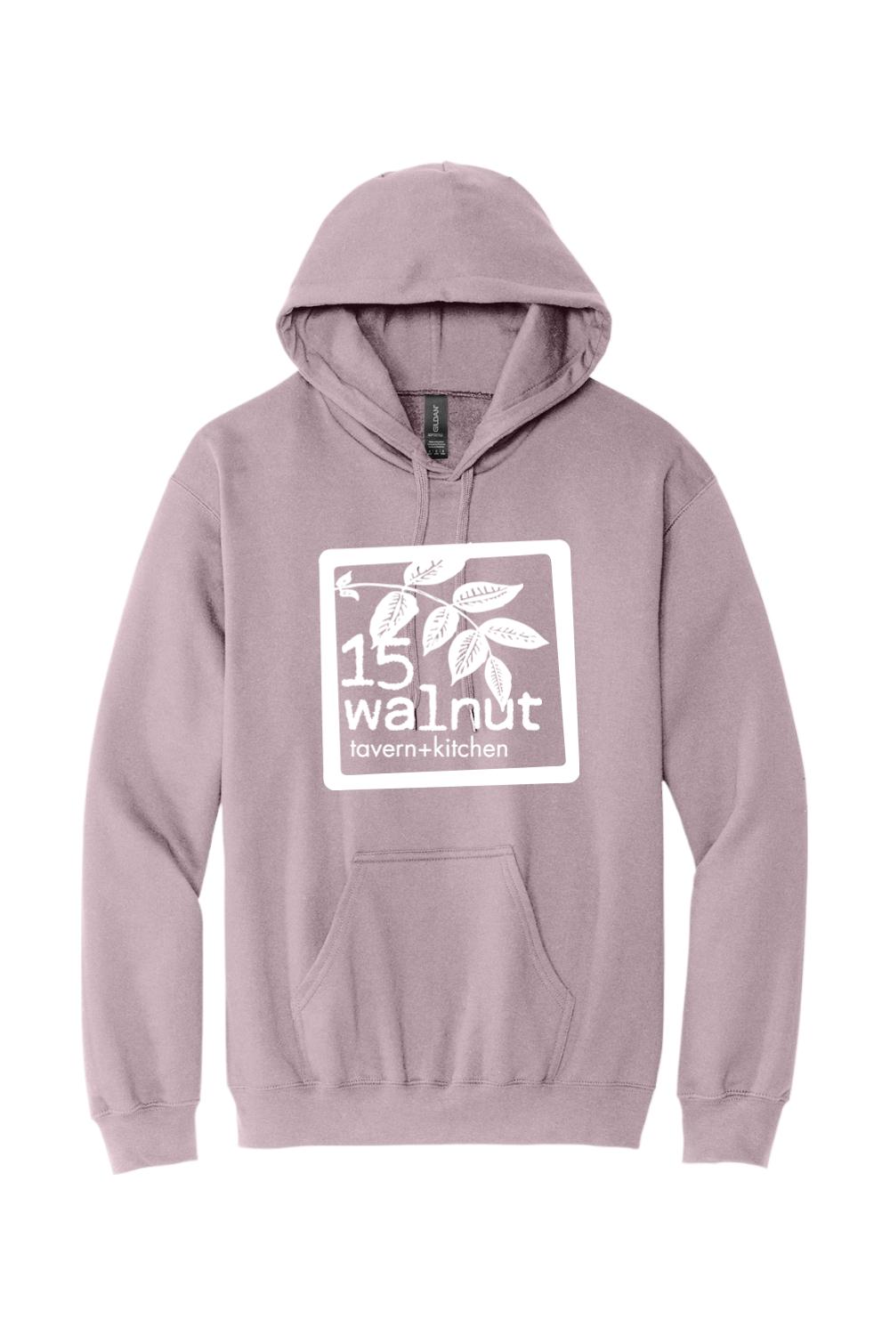Dusty purple hooded sweatshirt featuring a white 15 Walnut Tavern + Kitchen logo graphic on the front.
