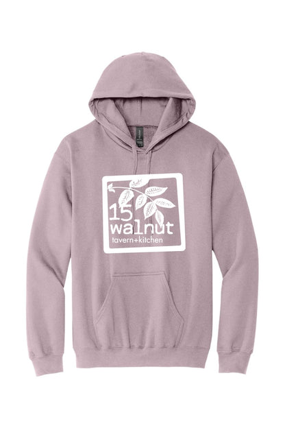 Dusty purple hooded sweatshirt featuring a white 15 Walnut Tavern + Kitchen logo graphic on the front.