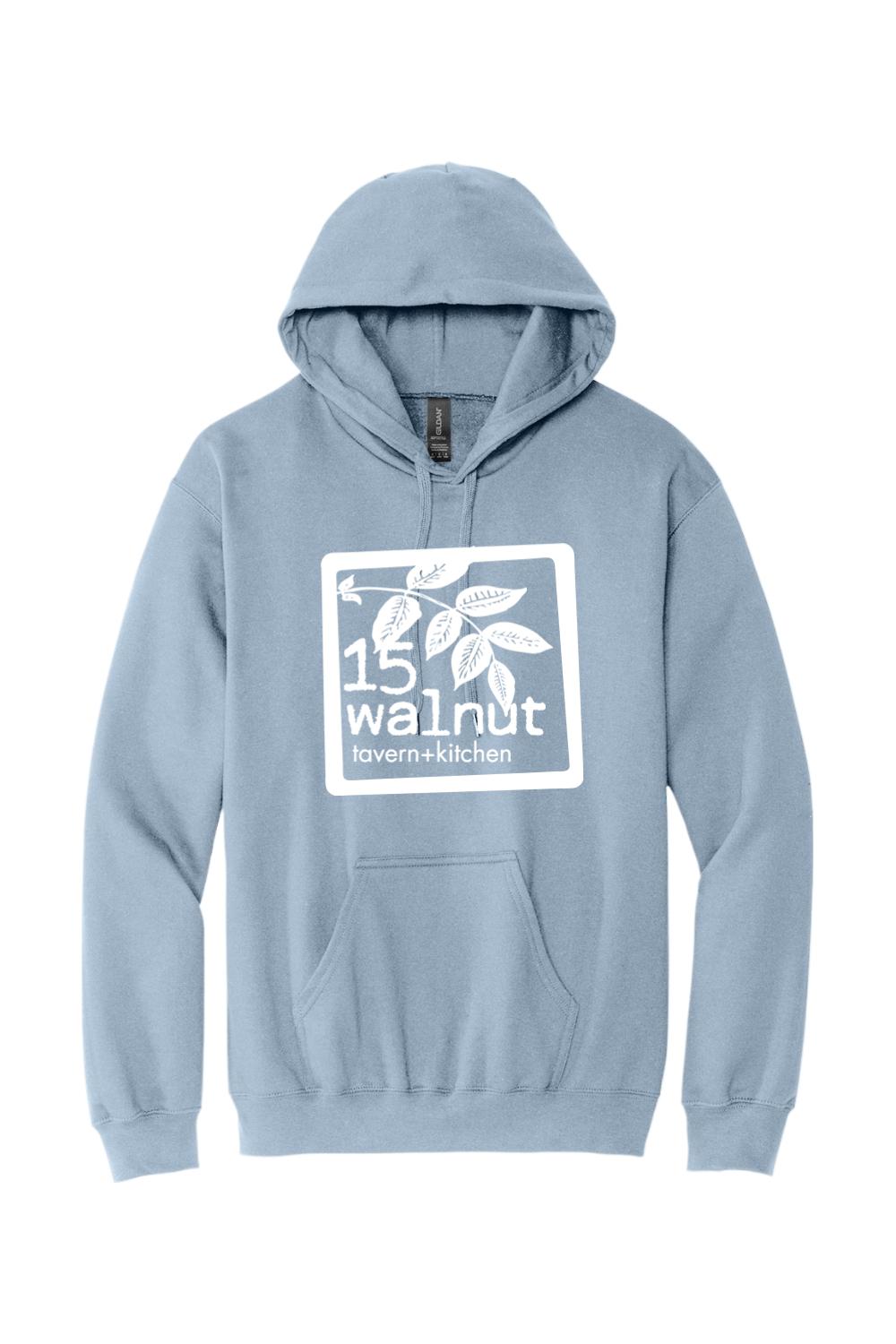 Light blue unisex hoodie featuring a white 15 Walnut Tavern + Kitchen logo graphic on the chest with a front pocket.