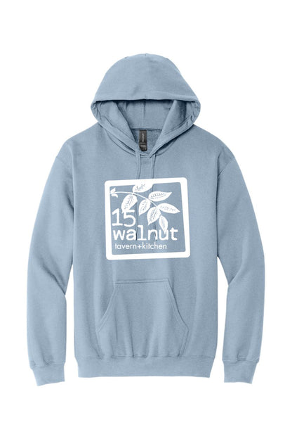 Light blue unisex hoodie featuring a white 15 Walnut Tavern + Kitchen logo graphic on the chest with a front pocket.