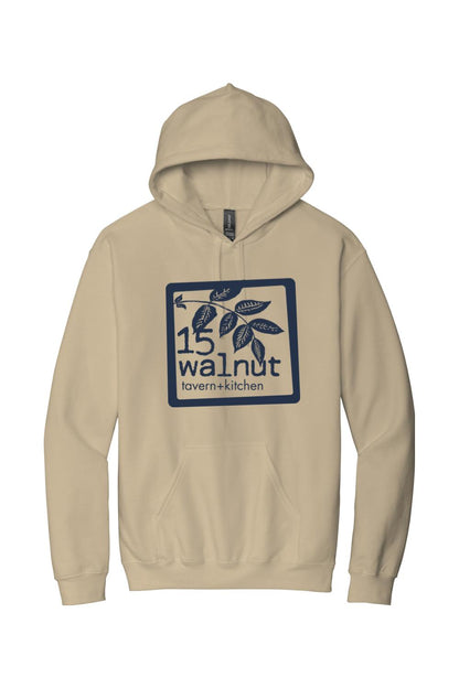 Tan hooded sweatshirt featuring a navy blue 15 Walnut Tavern + Kitchen logo on the front with a kangaroo pocket.