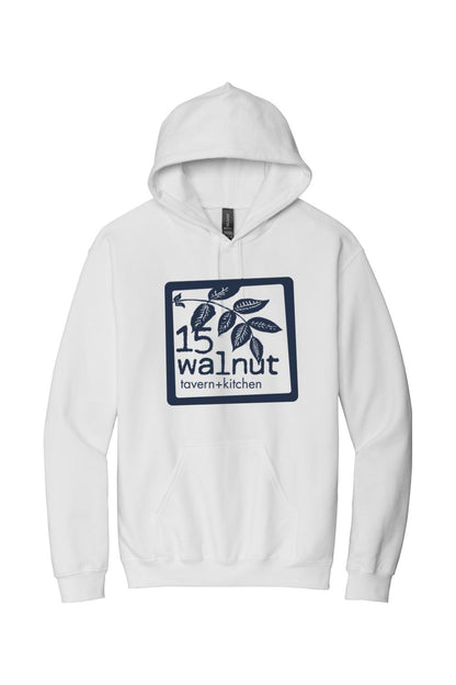 White pullover hoodie featuring a navy blue 15 Walnut Tavern + Kitchen logo with leaf graphic on the chest.
