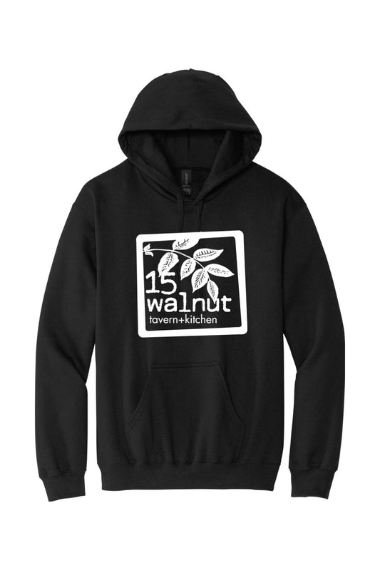 Black hooded sweatshirt featuring a white 15 Walnut Tavern+Kitchen logo graphic on the front chest.