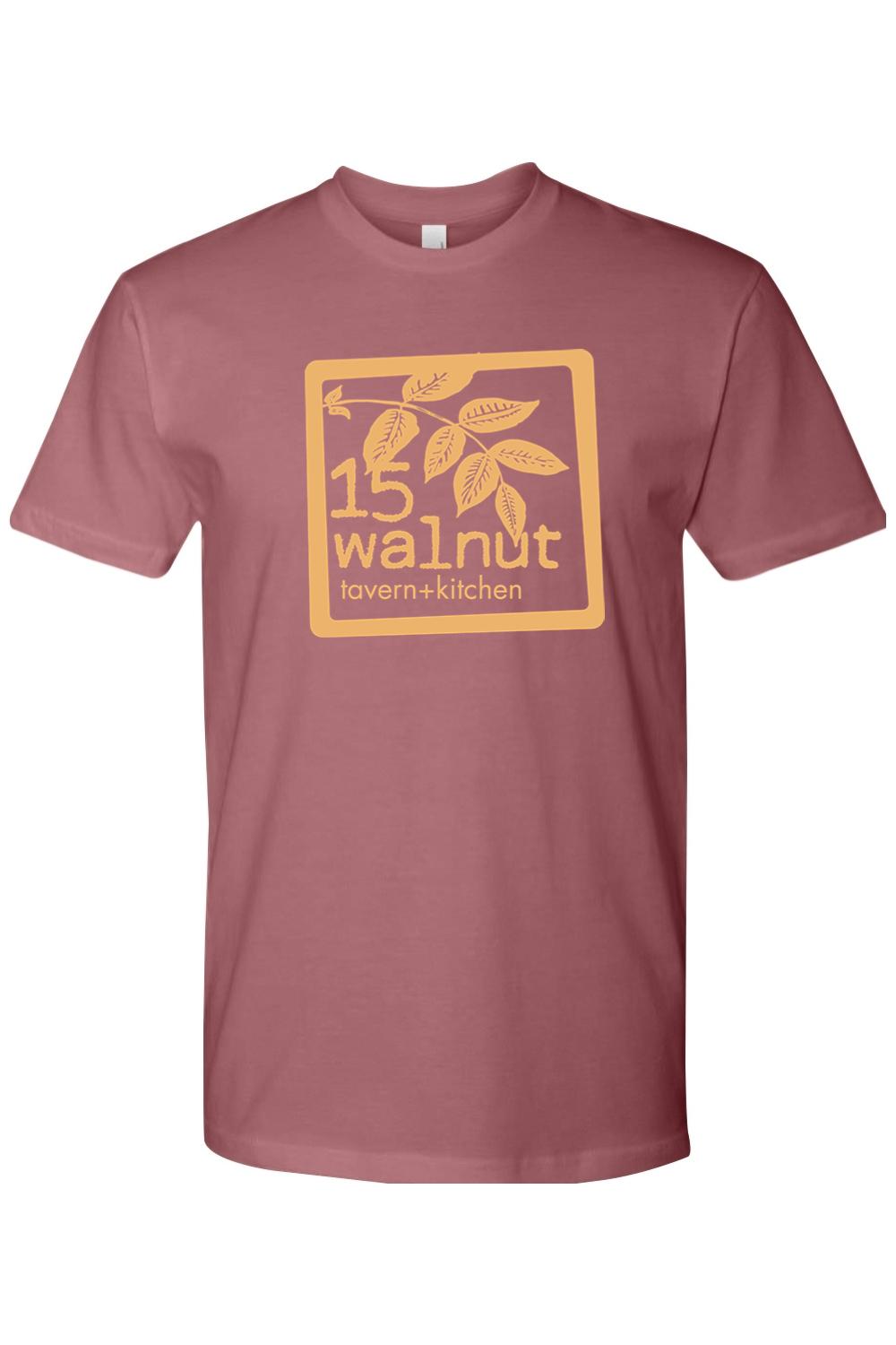 Dusty rose crewneck t-shirt featuring a yellow 15 Walnut Tavern & Kitchen logo graphic on the chest.