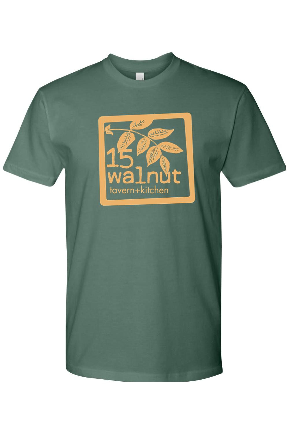 Dark green unisex crew neck t-shirt featuring a tan 15 Walnut Tavern & Kitchen logo graphic on the chest.