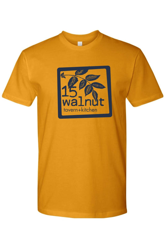 Mustard yellow crew neck t-shirt featuring a dark blue 15 Walnut Tavern & Kitchen logo with a leaf graphic.