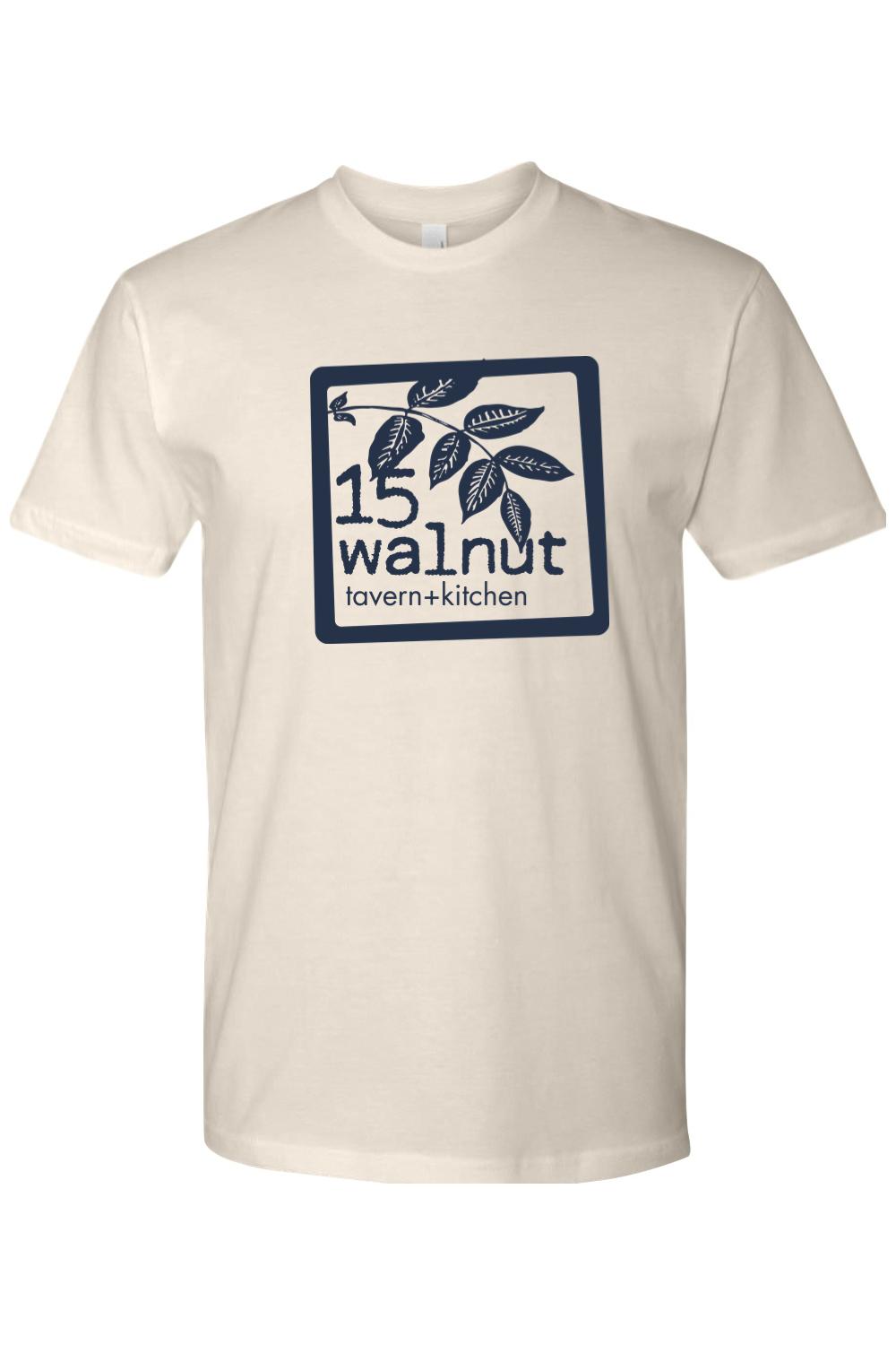 Cream-colored unisex crewneck t-shirt featuring a navy blue 15 Walnut Tavern & Kitchen logo graphic on the chest.