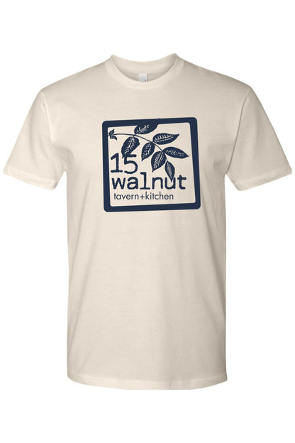 Cream-colored unisex crewneck t-shirt featuring a navy blue 15 Walnut Tavern & Kitchen logo graphic on the chest.