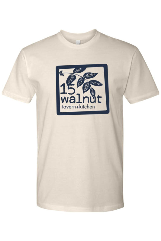Cream-colored unisex crewneck t-shirt featuring a navy blue 15 Walnut Tavern & Kitchen logo graphic on the chest.