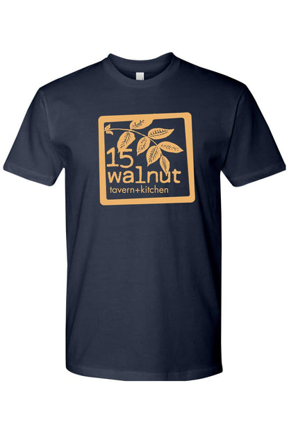 Navy blue crew neck t-shirt featuring the tan 15 Walnut Tavern & Kitchen logo with leaf graphic on the chest.