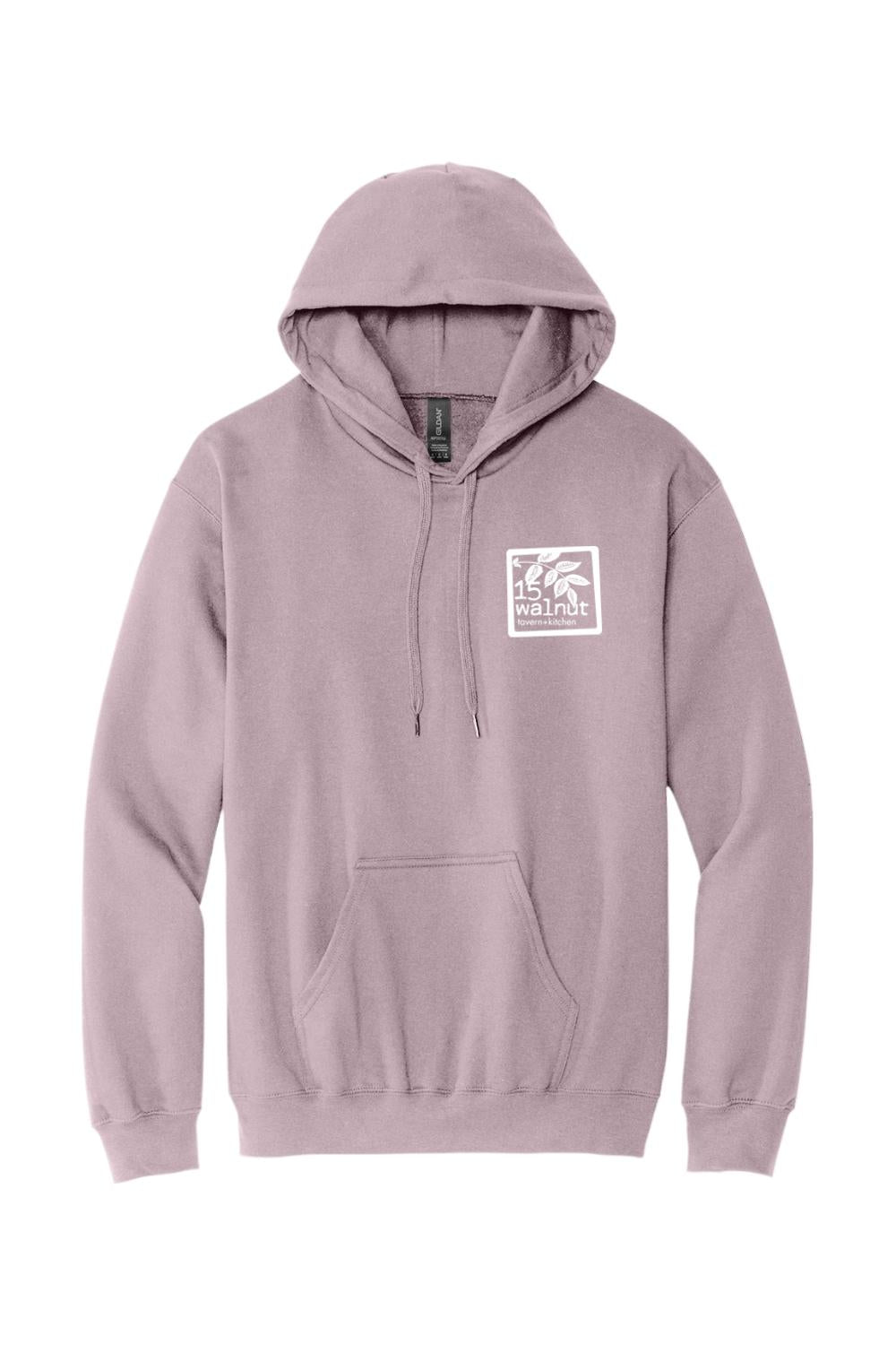 Dusty purple pullover hoodie with a white 15 Walnut logo, drawstring hood, and front kangaroo pocket.