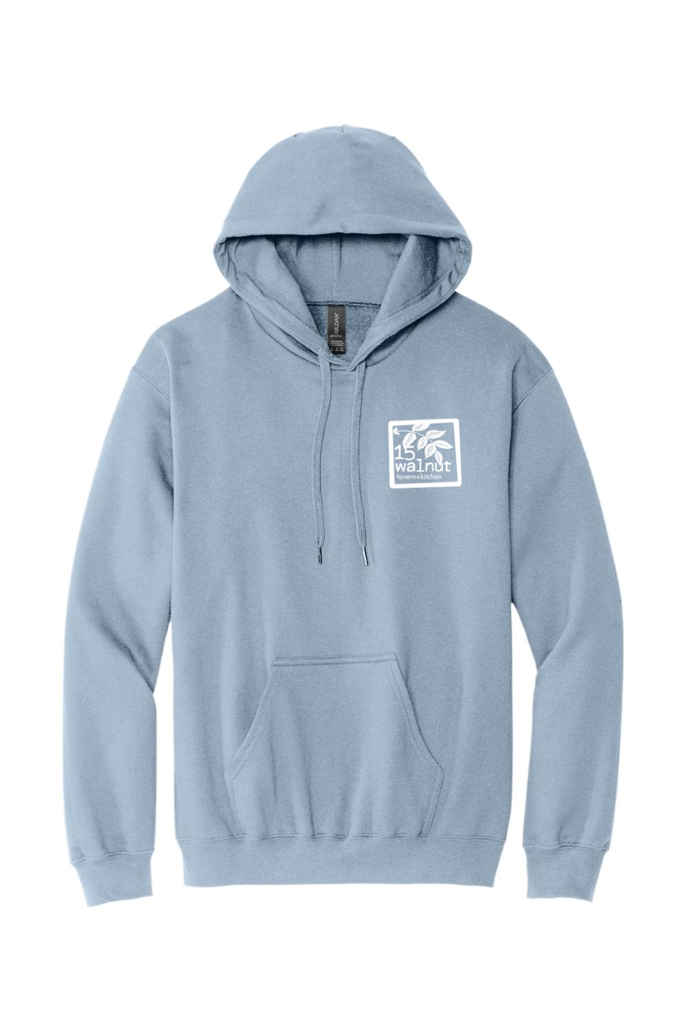 Light blue pullover hoodie with a white 15 Walnut logo on the chest, featuring a drawstring hood and front pocket.