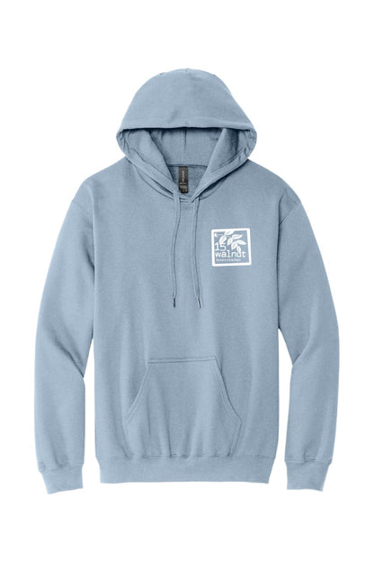 Light blue pullover hoodie with a white 15 Walnut logo on the chest, featuring a drawstring hood and front pocket.