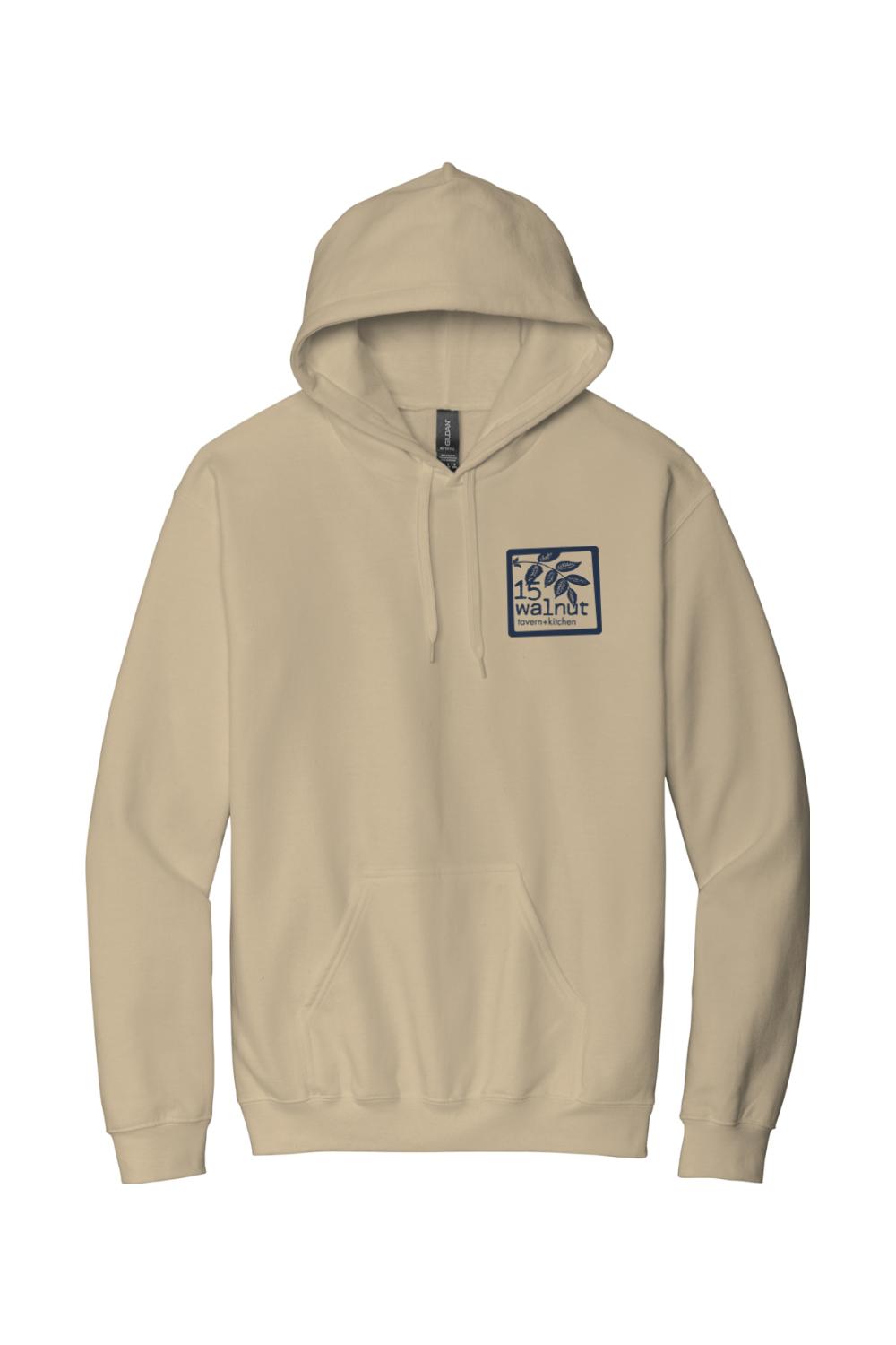 Sand-colored unisex hoodie with a drawstring hood, front kangaroo pocket, and a small 15 Walnut logo on the chest.