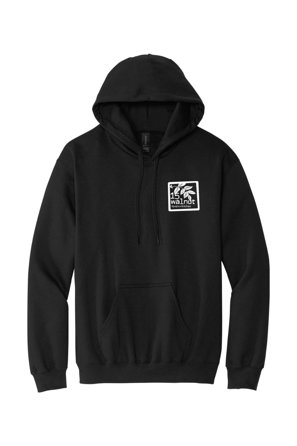 Black unisex hoodie with a small white 15 Walnut logo on the chest, featuring a drawstring hood and front pocket.