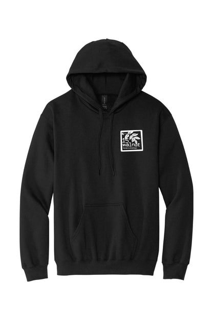 Black unisex hoodie with a small white 15 Walnut logo on the chest, featuring a drawstring hood and front pocket.