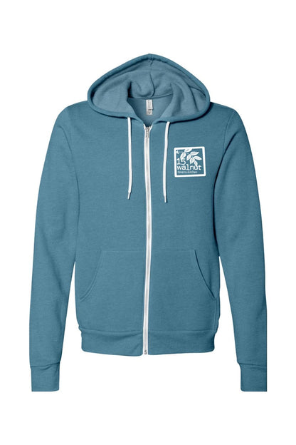 Blue sponge fleece full-zip hoodie with white drawstrings and 15 Walnut Tavern + Kitchen logo on the chest.