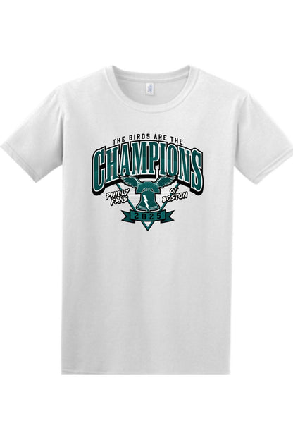 White cotton crewneck t-shirt featuring a 2025 Champs Philly Fans of Boston graphic with a Liberty Bell and eagle wings.