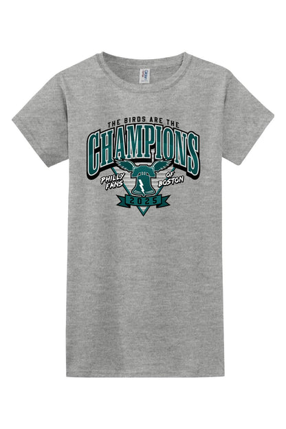 Sport grey cotton women's t-shirt featuring a 2025 Super Bowl champions graphic with a bell and eagle design.