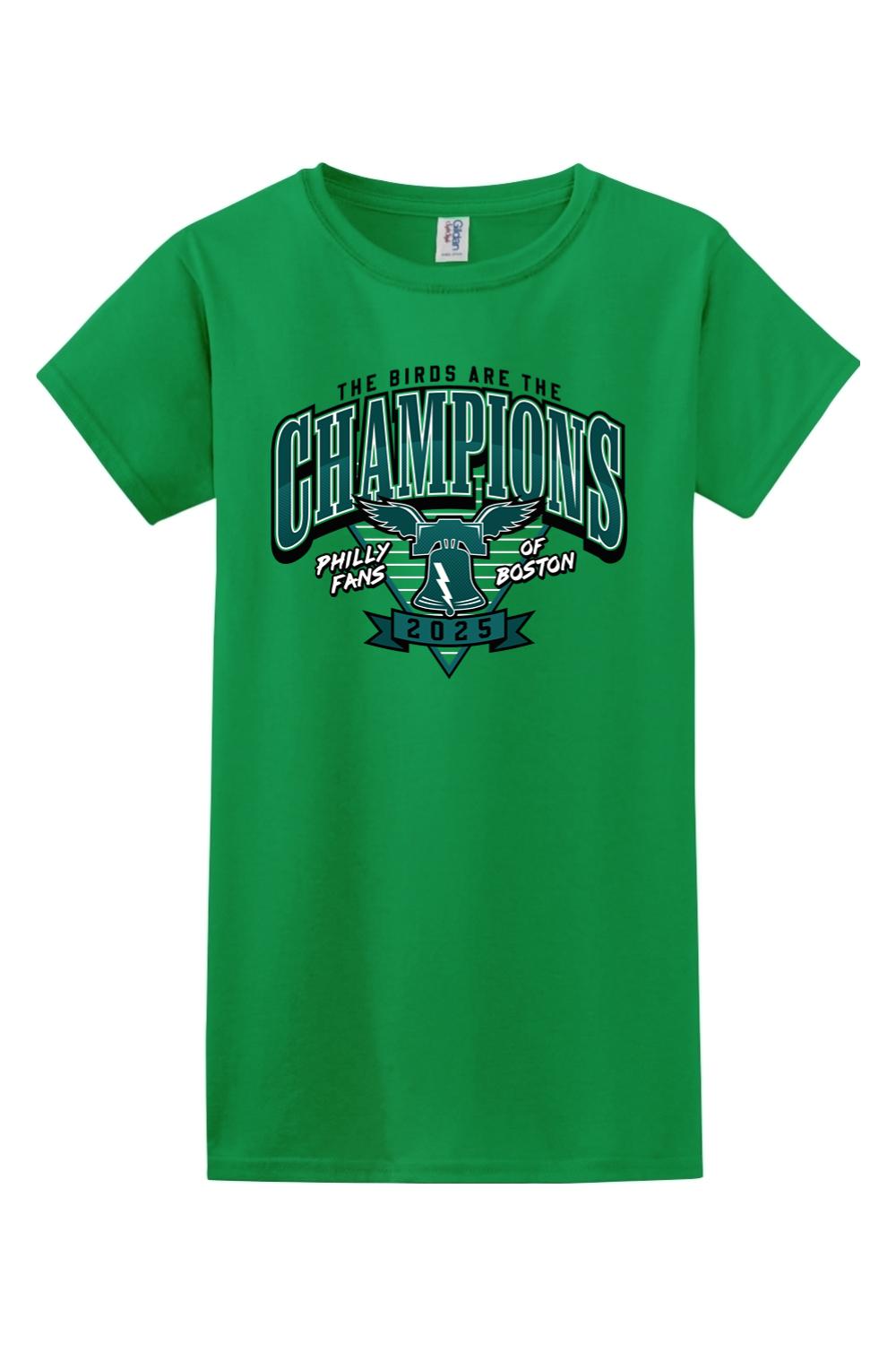 Green cotton women's t-shirt featuring a 2025 Philly Fans of Boston championship graphic with a Liberty Bell design.